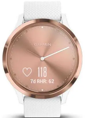 Garmin  Vivomove HR Smartwatch - 43mm - Rose Gold/White - Sport Edition (Fiber-reinforced Polymer) - White - Silicone Band - Regular Size - Silicone - Excellent (Grade A)