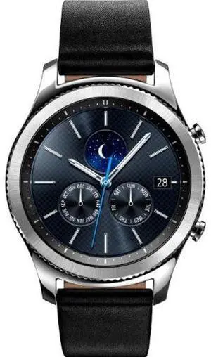 Samsung  Gear S3 Smartwatch - 4GB - Silver-Classic (Stainless Steel)-Leather Band-Black - Bluetooth - 46mm - Silver - Classic (Stainless Steel) - Black - Leather Band - Leather - Excellent (Grade A)