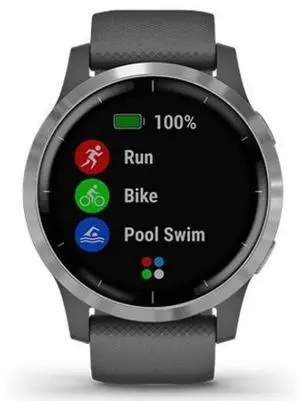 Garmin  Vivoactive 4 Smartwatch - Silver-Fiber-reinforced Polymer-Silicone Strap-Gray - 45mm - Silver - Fiber-reinforced Polymer - Gray - Silicone Strap - Silicone - Acceptable (Grade C)