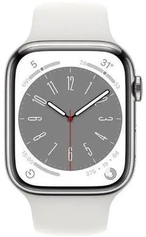 Apple  Watch Series 8 - 32GB - Cellular + GPS - 45mm - Silver - Stainless Steel - White - Sport Band - Rubber - Good (Grade B)