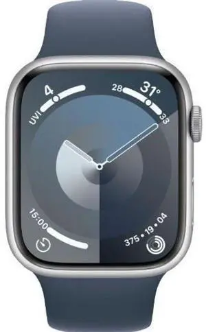 Apple  Watch Series 9 - 64GB - Cellular + GPS - 45mm - Silver - Aluminum - Storm Blue - Sport Band - Small/Medium Size - Rubber - Excellent (Grade A)