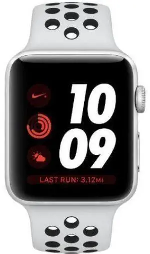 Apple  Watch Series 3 - 16GB - Cellular + GPS - 42mm - Silver - Nike (Aluminum) - Pure Platinum/Black - Nike Sport Band - Rubber - Excellent (Grade A)