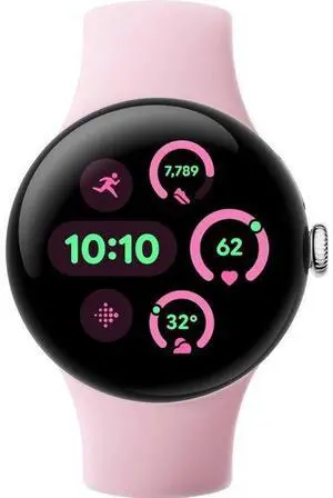 Google  Pixel Watch 3 - 32GB - Bluetooth + LTE - 41mm - Polished Silver - 100% Recycled Aluminum - Rose Quartz - Active Band - Fluoroelastomer - Excellent (Grade A)