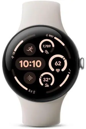 Google  Pixel Watch 3 - 32GB - Bluetooth - 45mm - Polished Silver - 100% Recycled Aluminum - Porcelain - Active Band - Fluoroelastomer - Premium