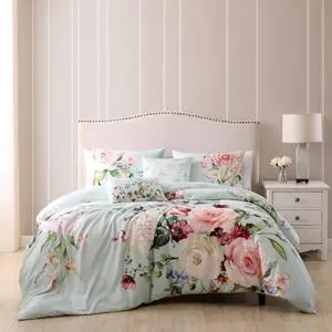 Bebejan Rose on Misty Green 100% Cotton Sateen 5 Piece Queen Size Reversible Comforter Set
