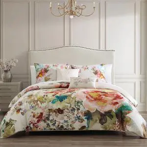 Bebejan Antique Flowers Ivory 100% Cotton Sateen 5 Piece Queen Size Reversible Comforter Set