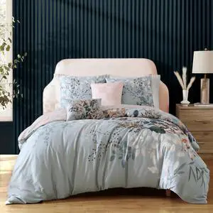 Bebejan Peach Leaves on Sage 100% Cotton Sateen 5 Piece Queen Size Reversible Comforter Set