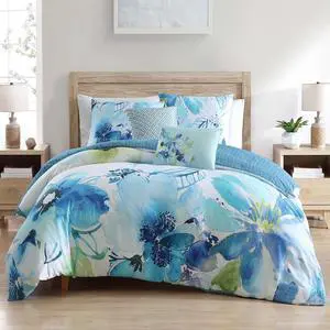 Bebejan Watercolor Blue 100% Cotton Sateen 5 Piece Queen Size Reversible Comforter Set Bebejan Watercolor Blue 100% Cotton Sateen 5 Piece Queen Size Reversible Comforter Set