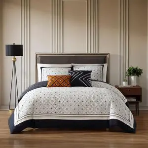 Bebejan Geometric Black & White 100% Cotton Sateen 5 Piece Queen Size Reversible Comforter Set