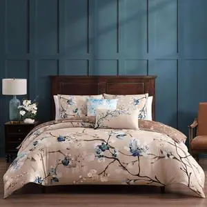 Bebejan Blue Blossom 100% Cotton Sateen 5 Piece Queen Size Reversible Comforter Set