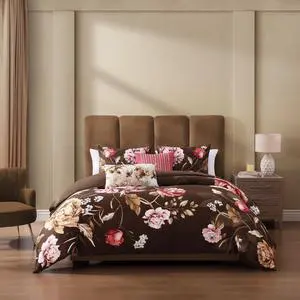 Bebejan Floral Garden on Mocha 100% Cotton Sateen 5 Piece Reversible Comforter Set