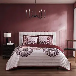 Bebejan Rosewood Harmony 100% Cotton Sateen 3 Piece Reversible Quilted Coverlet Set