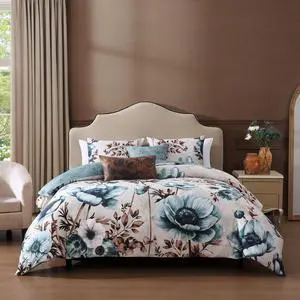 Bebejan Flowers in the Mist 100% Cotton Sateen 5 Piece Queen Size Reversible Comforter Set