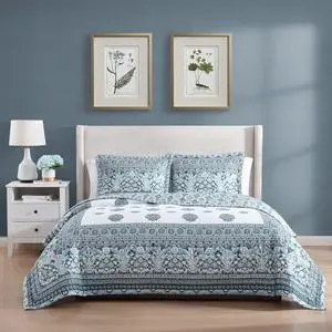 Bebejan Aquamarine Medallion 100% Cotton Sateen 3 Piece Reversible Quilted Coverlet Set