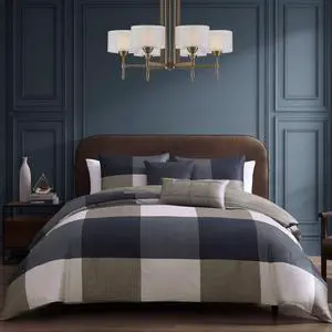 Bebejan Checkered Navy Tan 100% Cotton Sateen 5 Piece Reversible Queen Size Comforter Set Bebejan Checkered Navy Tan 100% Cotton Sateen 5 Piece Reversible Queen Size Comforter Set