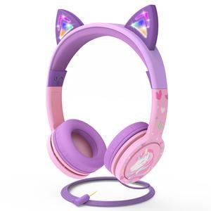 FosPower Wired Kids Headphones with Cord, LED Cat Ears Foldable Light Up On Ear Headphones for Kids School iPad Tablet with 3.5mm, Baby Pink/Lavender