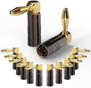 FosPower Right Angle Banana Plugs (6 Pairs / 12 pcs), Closed Screw 24K Gold Plated Banana Speaker Plug Connectors for Speaker Wire, Wall Plate