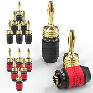 FosPower Deadbolt Banana Plugs 6 Pairs / 12 pcs, Screwless Type 24k Gold Plated Banana Speaker Plug Connectors