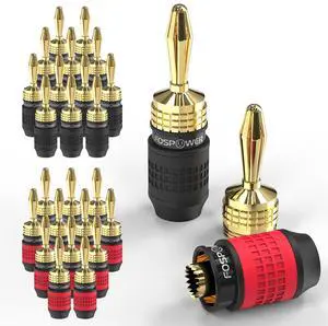 FosPower Deadbolt Banana Plugs 12 Pairs / 24 pcs, Screwless Type 24k Gold Plated Banana Speaker Plug Connectors
