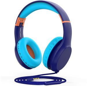 FosPower Wired Kids Headphones for School, Foldable Over Ear Headphones with Microphone Mic, 3.5mm AUX Cable, Volume Control, Blue