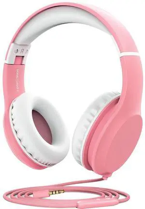 FosPower Wired Kids Headphones for School, Foldable Over Ear Headphones with Cord Microphone Mic, 3.5mm AUX Cable, Volume Control, Pink / White