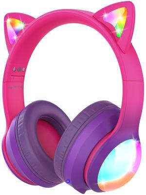 FosPower Kids Headphones, 5.2 Bluetooth Wireless Headphones for Kids with 3.5mm, Built-In Microphone, Led Light Up Cat Ears  - Hot Pink/Deep Purple