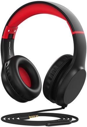 FosPower Wired Kids Headphones for School, Foldable Over Ear Headphones with Microphone Mic, 3.5mm AUX Cable, Volume Control, Black/Red