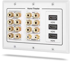 Fosmon 3 Gang Wall Plate, (3-Gang 7.2 Surround Sound Distribution) Home Theater Copper Banana Binding Post Coupler Type Wall Plated for 7 Speakers