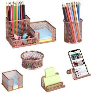 Desk Organizer for Office, 6 Pieces Mesh Desk Multi-functional Storage Set Office Supplies Accessories (Rose Gold)