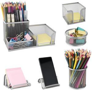 Desk Organizer for Office, 6 Pieces Mesh Desk Multi-functional Storage Set Office Supplies Accessories (Silver)