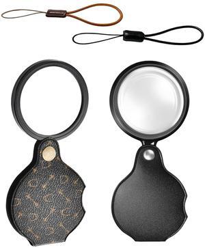 2PCS 15X Magnifying Glass Loupe Small Pocket Magnifying Lenses Glass Protective Holster Leather Lanyard for Seniors Reading Inspection Coin Hobby Jewelry or Exploring (Black + Black Print)