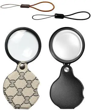 2PCS 15X Magnifying Glass Loupe Small Pocket Magnifying Lenses Glass Protective Holster Leather Lanyard for Seniors Reading Inspection Coin Hobby Jewelry or Exploring (Black + Beige Print)