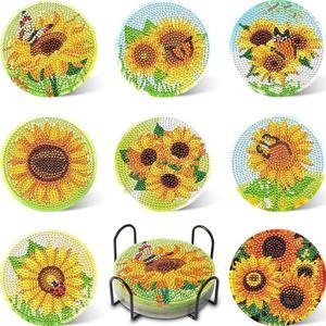 Uppmeant 8Pcs DIY Diamond Art Painting Coasters with Holder, Ocean Scenery Series DIY Diamond Painting Art Kits for Adults, Kids and Beginners (Sunflower)