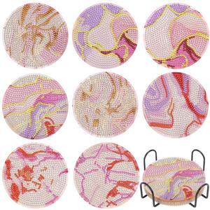 Uppmeant 8Pcs DIY Diamond Art Painting Coasters with Holder, Ocean Scenery Series DIY Diamond Painting Art Kits for Adults, Kids and Beginners (Pink Ocean)