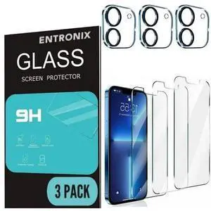 Entronix Case Clear Tempered Glass Screen Protector for iPhone 13 Mini, Camera Lens with Shatter Resistant Glass, 3-Pack