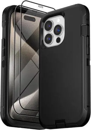 Entronix Bundle Compatible with iPhone 15 Pro - Heavy Duty Case & 2 Clear Screen Protectors