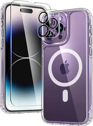Entronix Bundle Compatible with iPhone 14 Pro - [Magnetic] Clear Case, 1 Clear Screen Protector & 1 Camera Lens Protectors