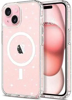 Entronix [Magnetic] Case Compatible with iPhone 15 Plus - [Hard Back] Glitter Clear