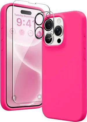 Entronix Bundle Compatible with iPhone 15 Pro - Liquid Silicone Case, 1 Clear Screen Protector & 1 Camera Lens Protector
