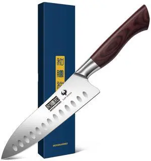 HOSHANHO Santoku Knife 7 Inch, Professional High Carbon Stainless Steel Kitchen Knife, Super Sharp Cooking Knife with Ergonomic Wood Handle