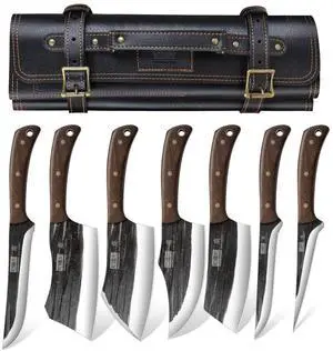 HOSHANHO Butcher Knife Set, Hand Forged Butcher Chef Knife Set with Roll Bag, Sharp Kitchen Knife Set of Meat Cleaver Knife Bone Chopper Knife Fillet Knife Set for Home & Camping & BBQ Gift for Men