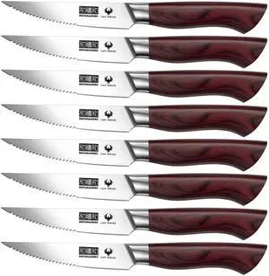HOSHANHO Steak Knife Set 8 Pieces, 4.5 Inch Super Sharp High Carbon Stainless Steel Steak Knife Set, Professional Premium Serrated Precise Cutting with Ergonomic Wood Handle