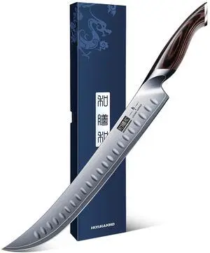 HOSHANHO Carving Slicing Knife, 12 Inch Japanese High Carbon Steel Brisket Knife with Ergonomic Pakkawood Handle, Razor Sharp Curved Butcher Breaking Knives for Meat Cutting