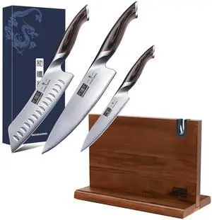 HOSHANHO 3 Pieces Knife set with Magnetic Knife Block 14 x 10 Inches, Professional Japanese AUS-10 Stainless Steel Kitchen Knife Set, Ultra Sharp Chef Knives Sets with Ergonomic Pakkawood Handle