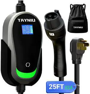 TAYNIU SmoothPro Level 2 EV Charger Electric Vehicle Portable Charger with 25FT Cable NEMA 14-50 Plug 32A 240V for J1772 Electric Cars Indoor/Outdoor Charging Station w/Delay Timer