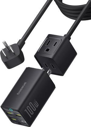 Baseus Charging Station 100W, 5 in 1 Travel Power Strip USB C Charger, with 5ft Detachable Extension Cord, Flat Plug, 2 Outlets AC Power for Cruise, Home, Dorm and Office - PowerCombo Mini