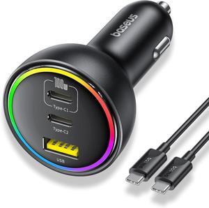 100W USB C Car Charger, Baseus Super Fast Charging 3 Ports Car Charger, PD3.0 QC4.0 Ultra Compact RGB Fast Type C Car PhoneCharger Adapter, for iPhone 16 15 14 13 Pro Max With Cable