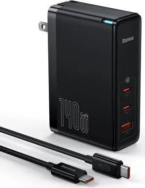 Baseus USB C Charger, 140W Wall Charger PD 3.1 with 3.3ft USB C to C Cable, 3-Port GaN5 Charger for Laptops, iPad Pro, iPhone 15/Pro/14/13 Series, Galaxy S23/S22, MacBook Pro 16'', Steam Deck, Black