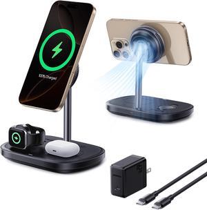 Baseus 3 in 1 Wireless Charger Stand, Qi2 Certified 15W Cooling Magnetic Charging Station, MagSafe-Compatible iPhone Charger for iPhone16/15, Apple Watch, AirPods - 45W Adapter Included