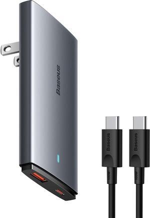Baseus 65W Flat Wall Charger, 2 Port Ultra-Slim USB C GaN Charger with Foldable Plug for MacBook, iPhone 16/15/14/13/12/11/Pro Max/XS/XR, Samsung, iPad, Steam Deck with Charging Cable